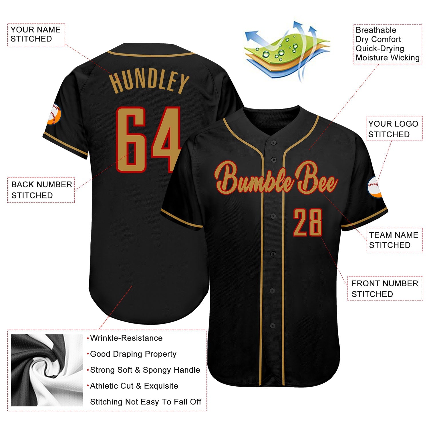 Custom Black Old Gold-Red Authentic Baseball Jersey - Sky-Custom