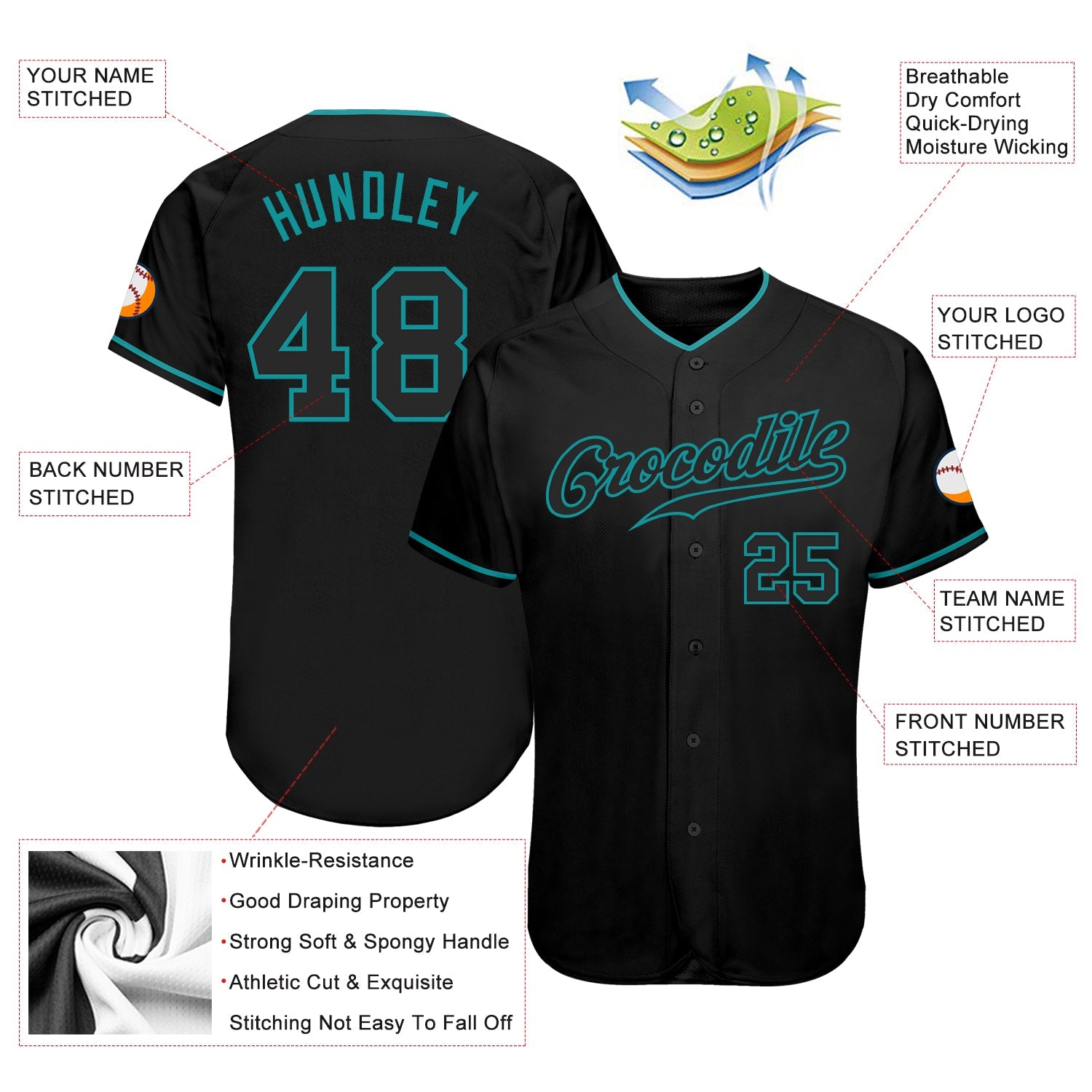 Custom Black Black-Teal Authentic Baseball Jersey - Sky-Custom