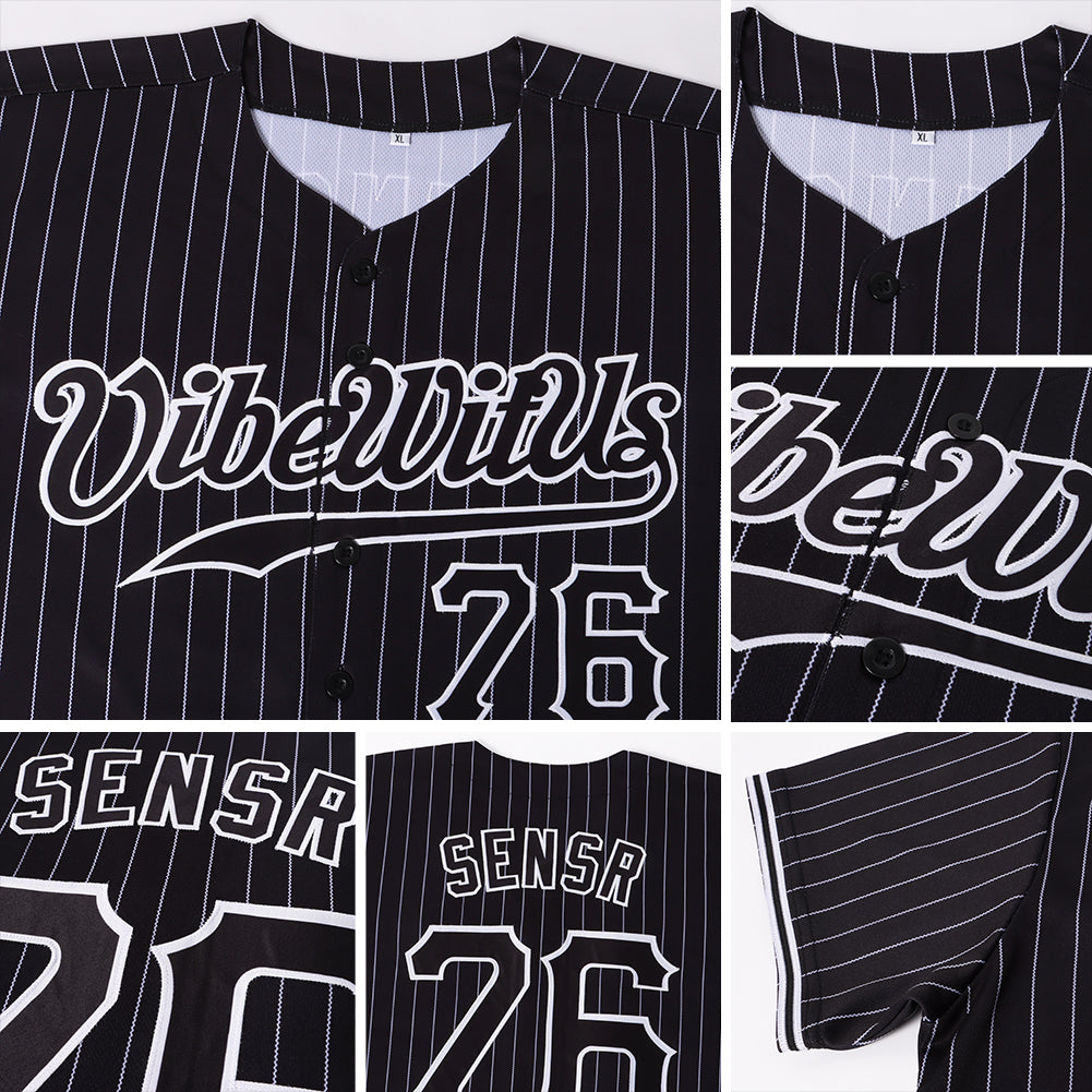 Custom Black White Pinstripe Black-White Authentic Baseball Jersey - Sky-Custom