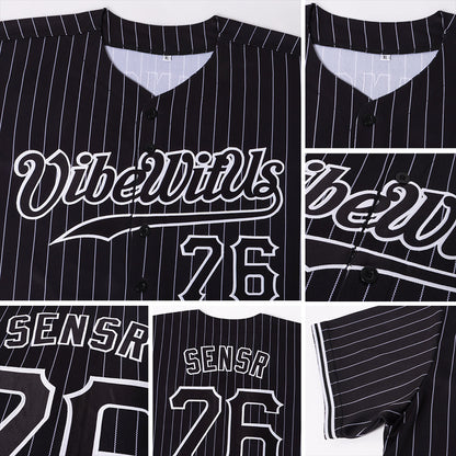 Custom Black White Pinstripe Black-White Authentic Baseball Jersey - Sky-Custom