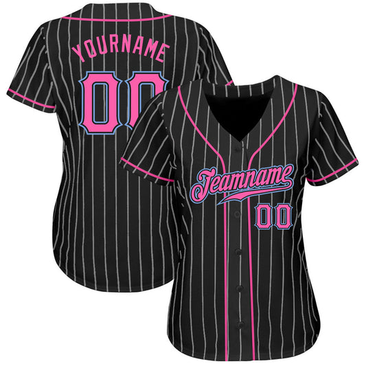 Custom Black White Pinstripe Pink-Light Blue Authentic Baseball Jersey - Sky-Custom