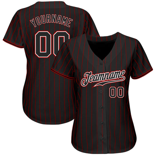 Custom Black Red Pinstripe Black-White Authentic Baseball Jersey - Sky-Custom