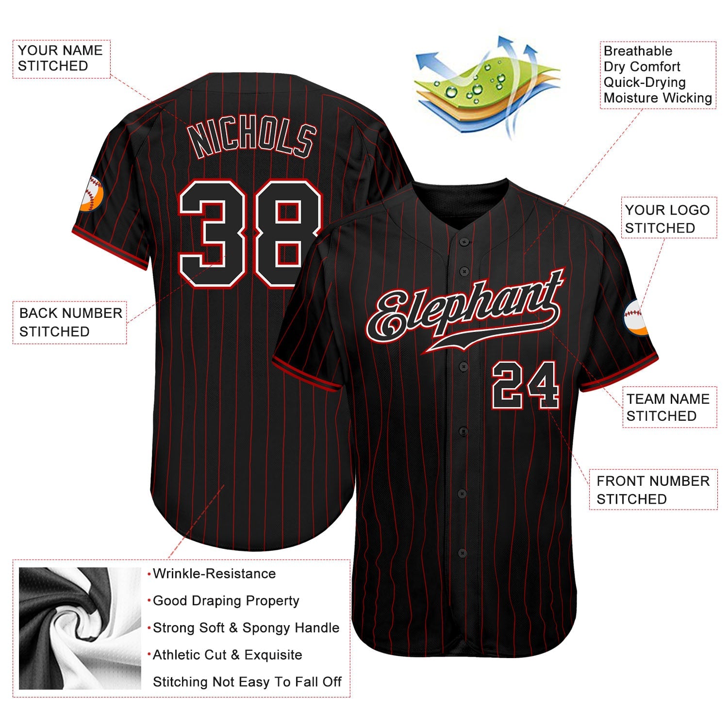 Custom Black Red Pinstripe Black-White Authentic Baseball Jersey - Sky-Custom