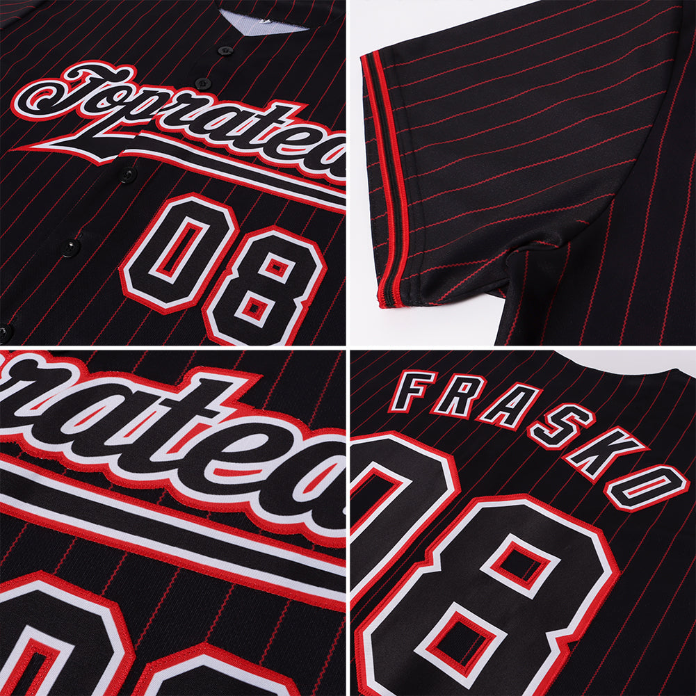 Custom Black Red Pinstripe Black-White Authentic Baseball Jersey - Sky-Custom