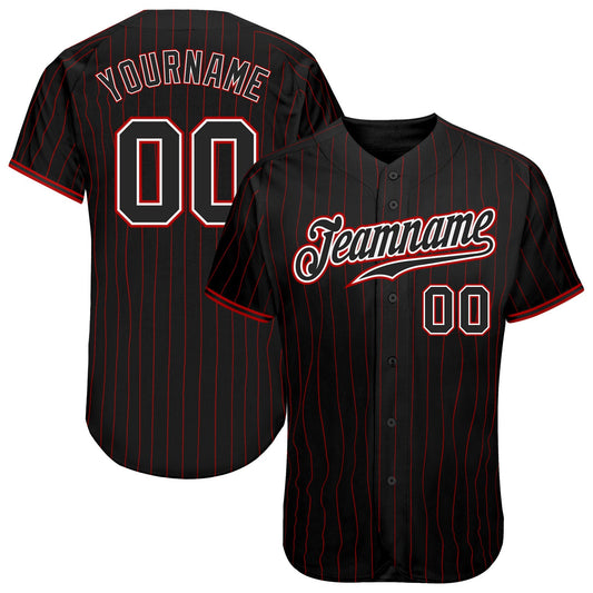 Custom Black Red Pinstripe Black-White Authentic Baseball Jersey - Sky-Custom