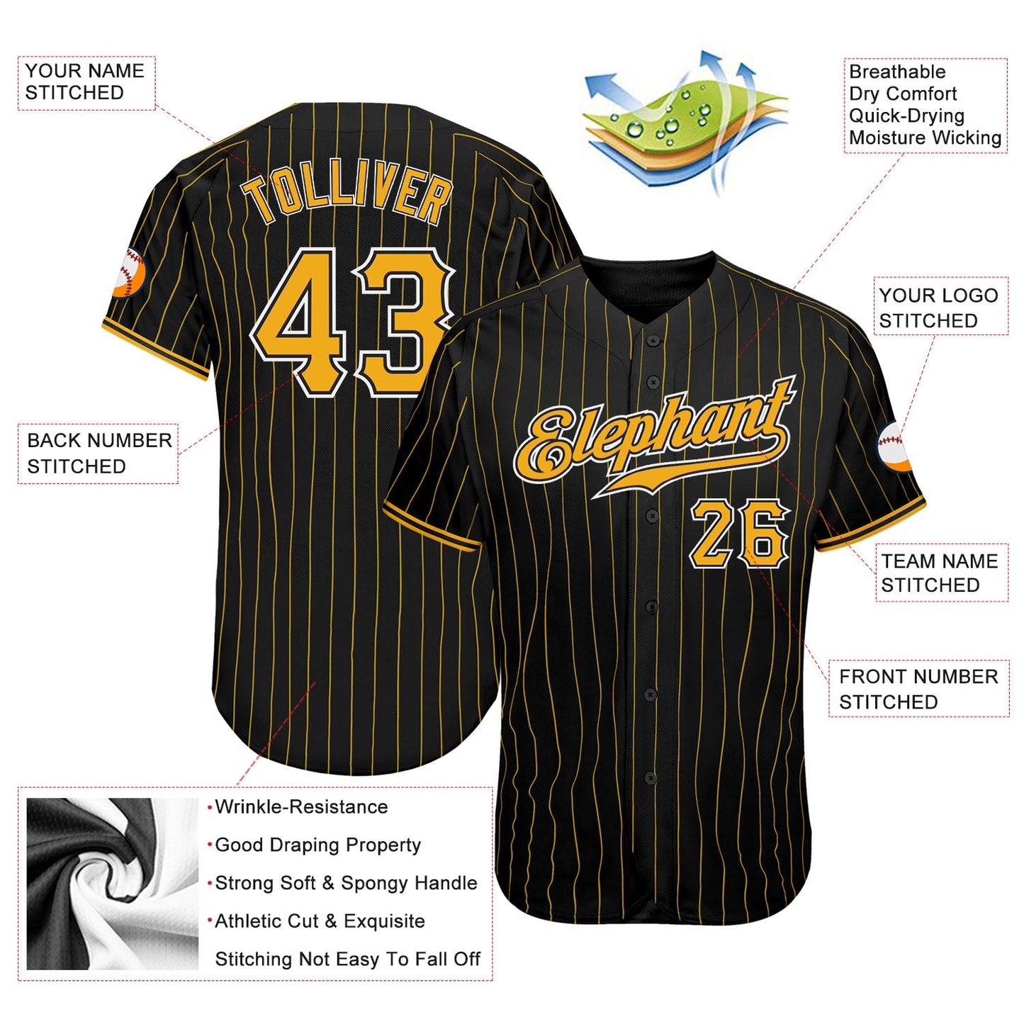 Custom Black Gold Pinstripe Gold-White Authentic Baseball Jersey - Sky-Custom