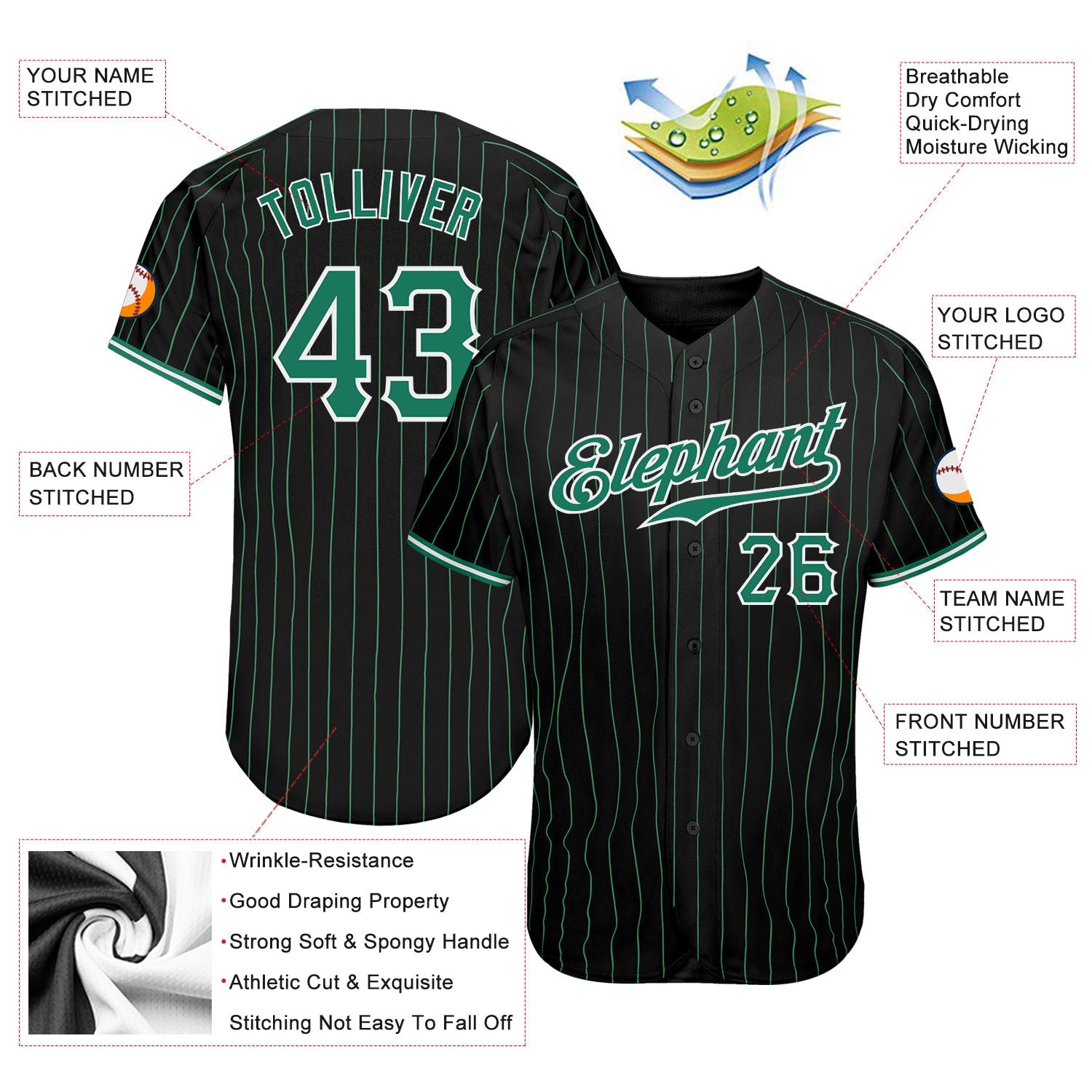 Custom Black Kelly Green Pinstripe Kelly Green-White Authentic Baseball Jersey - Sky-Custom