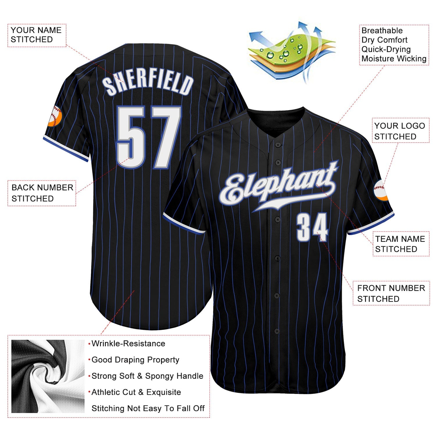Custom Black Royal Pinstripe White-Gray Authentic Baseball Jersey - Sky-Custom