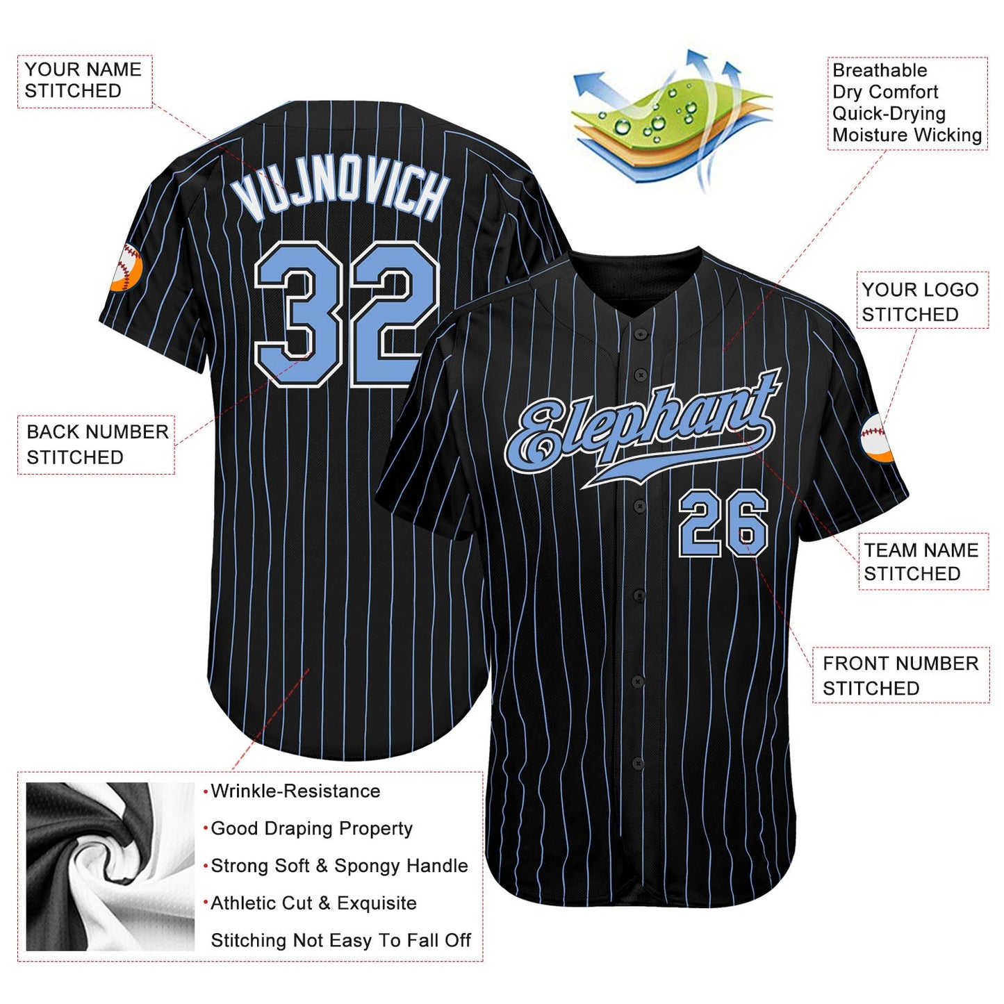 Custom Black Light Blue Pinstripe Light Blue-White Authentic Baseball Jersey - Sky-Custom