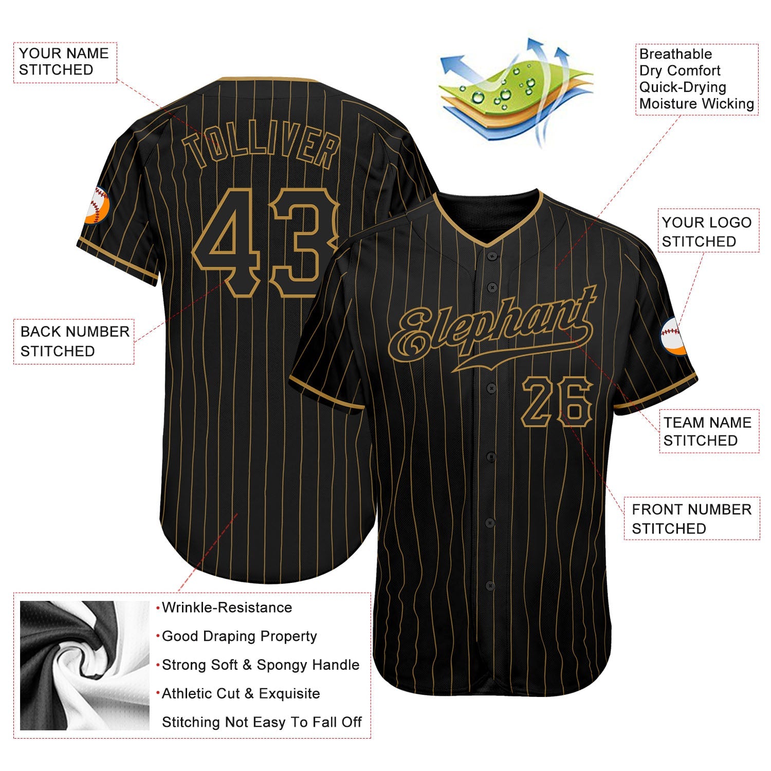 Custom Black Old Gold Pinstripe Black Authentic Baseball Jersey - Sky-Custom
