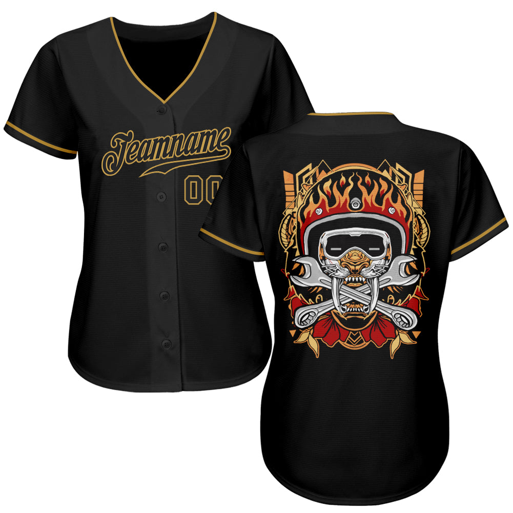 Custom Black Black-Old Gold Authentic Skull Fashion Baseball Jersey - Sky-Custom