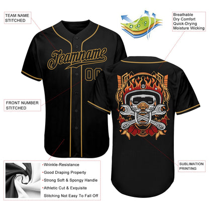 Custom Black Black-Old Gold Authentic Skull Fashion Baseball Jersey - Sky-Custom