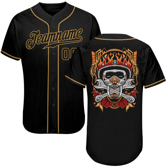 Custom Black Black-Old Gold Authentic Skull Fashion Baseball Jersey - Sky-Custom