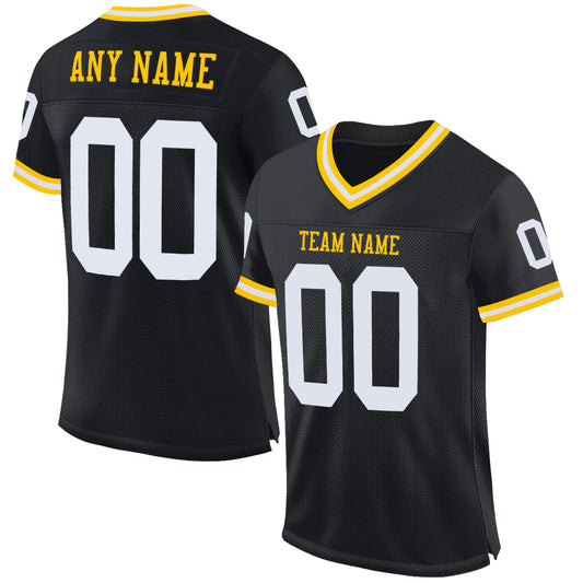 Custom Black White-Gold Mesh Authentic Throwback Football Jersey - Sky-Custom