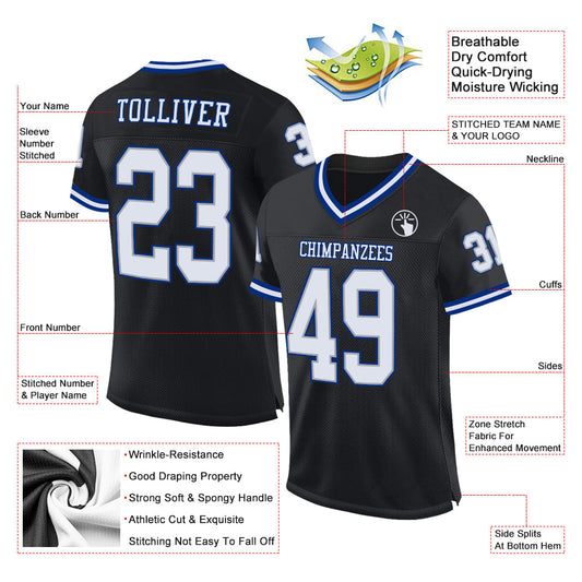 Custom Black White-Royal Mesh Authentic Throwback Football Jersey - Sky-Custom