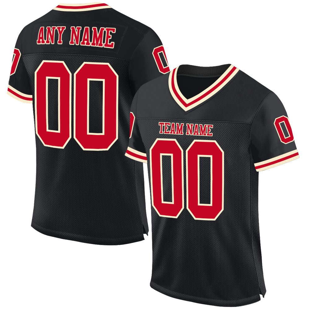 Custom Black Red-Cream Mesh Authentic Throwback Football Jersey - Sky-Custom