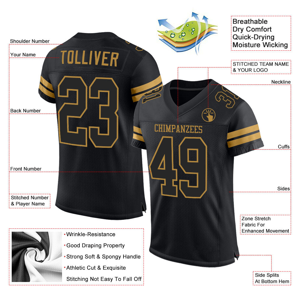 Custom Black Black-Old Gold Mesh Authentic Football Jersey - Sky-Custom
