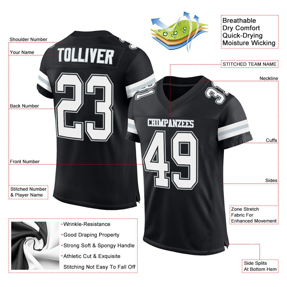 Custom Black White-Silver Mesh Authentic Football Jersey - Sky-Custom
