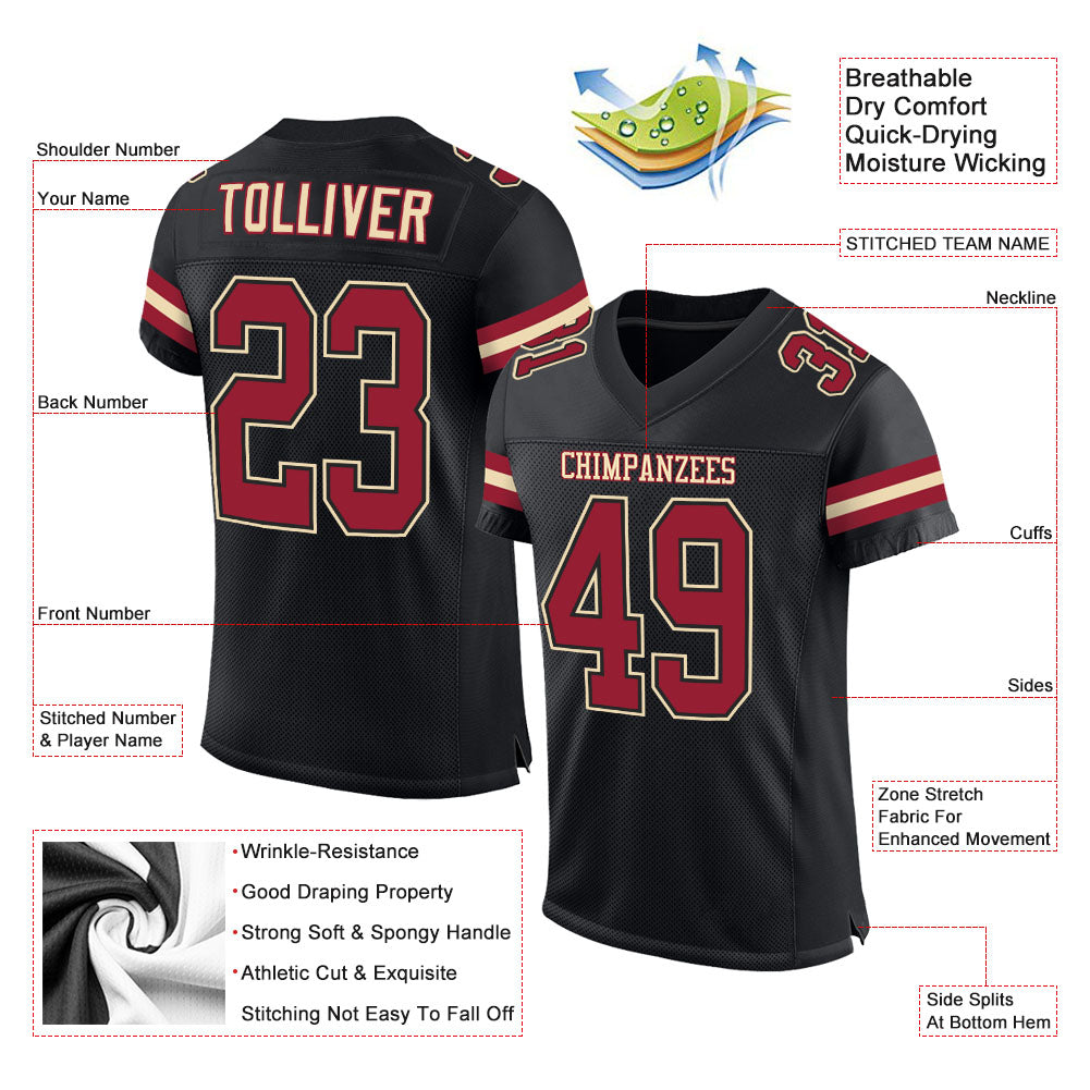 Custom Black Cardinal-Cream Mesh Authentic Football Jersey - Sky-Custom