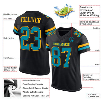 Custom Black Teal-Gold Mesh Authentic Football Jersey - Sky-Custom