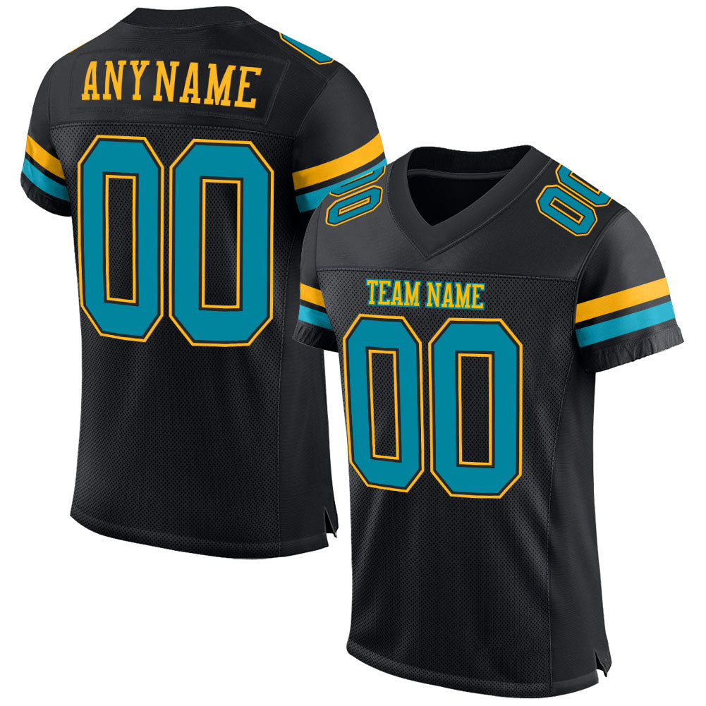 Custom Black Teal-Gold Mesh Authentic Football Jersey - Sky-Custom