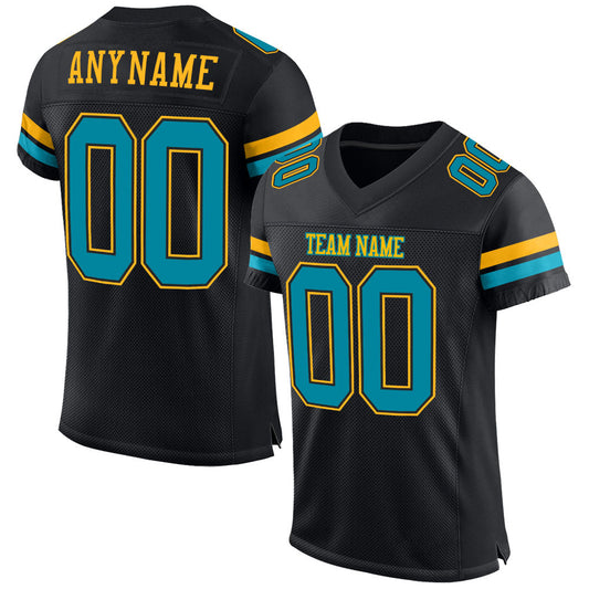 Custom Black Teal-Gold Mesh Authentic Football Jersey - Sky-Custom