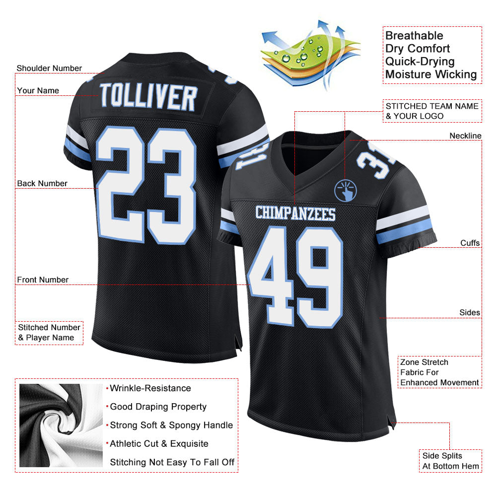 Custom Black White-Light Blue Mesh Authentic Football Jersey - Sky-Custom