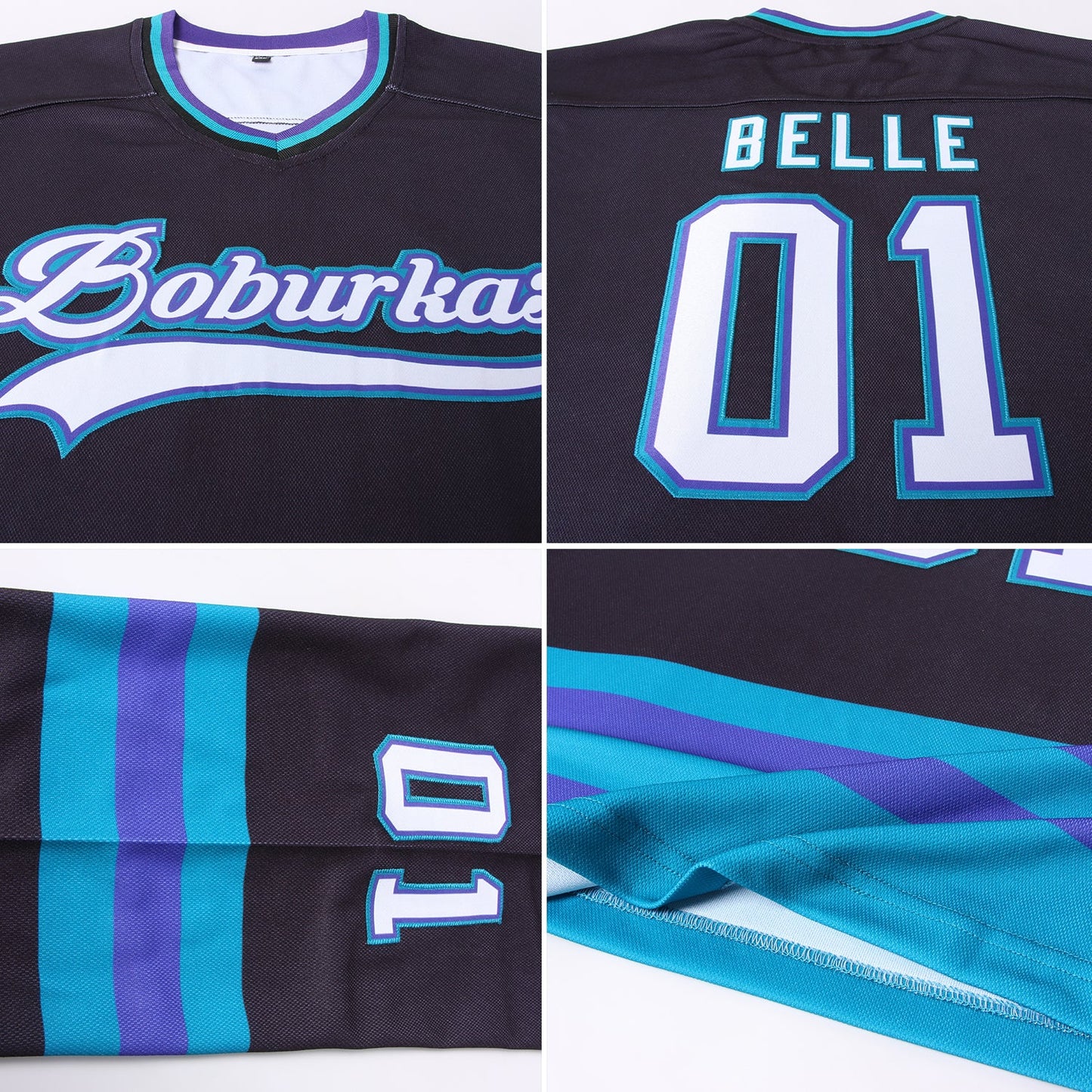 Custom Black White-Teal Hockey Jersey - Sky-Custom