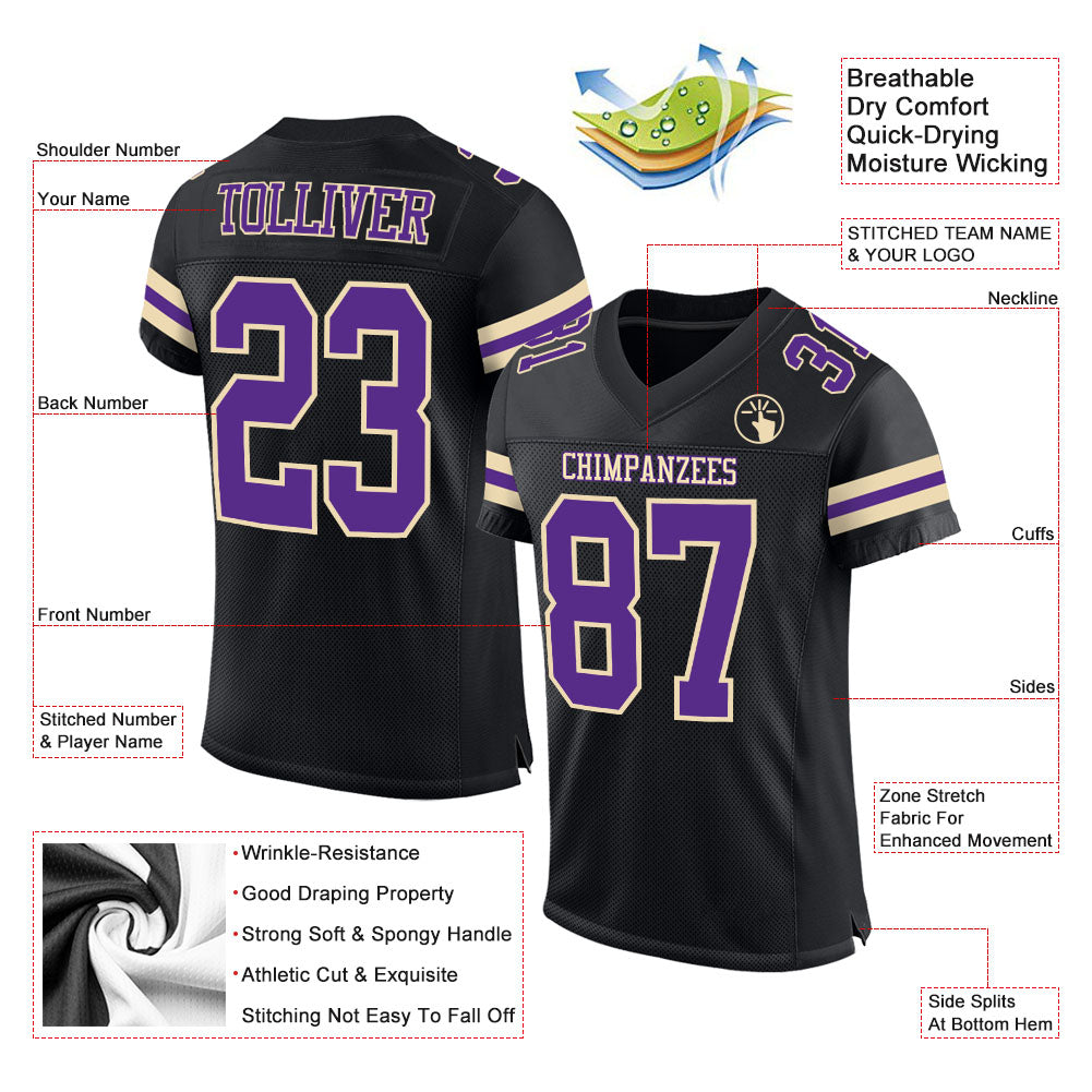 Custom Black Purple-Cream Mesh Authentic Football Jersey - Sky-Custom