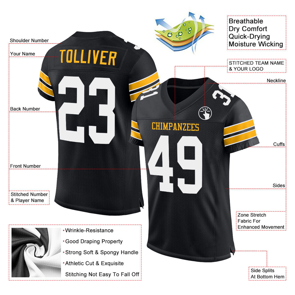Custom Black White-Gold Mesh Authentic Football Jersey - Sky-Custom