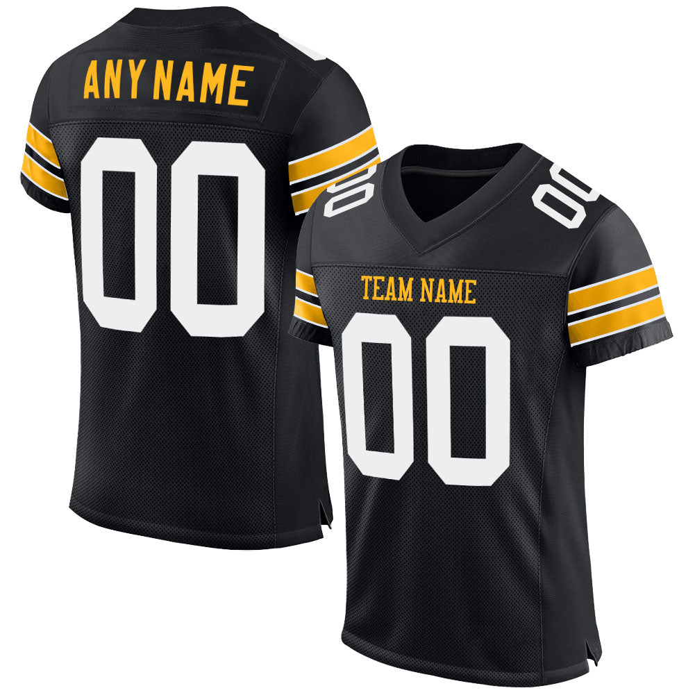 Custom Black White-Gold Mesh Authentic Football Jersey - Sky-Custom
