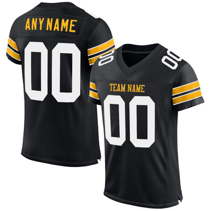 Custom Black White-Gold Mesh Authentic Football Jersey - Sky-Custom