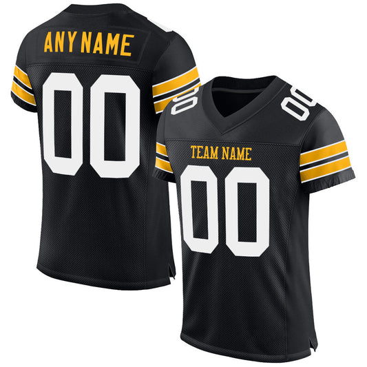 Custom Black White-Gold Mesh Authentic Football Jersey - Sky-Custom