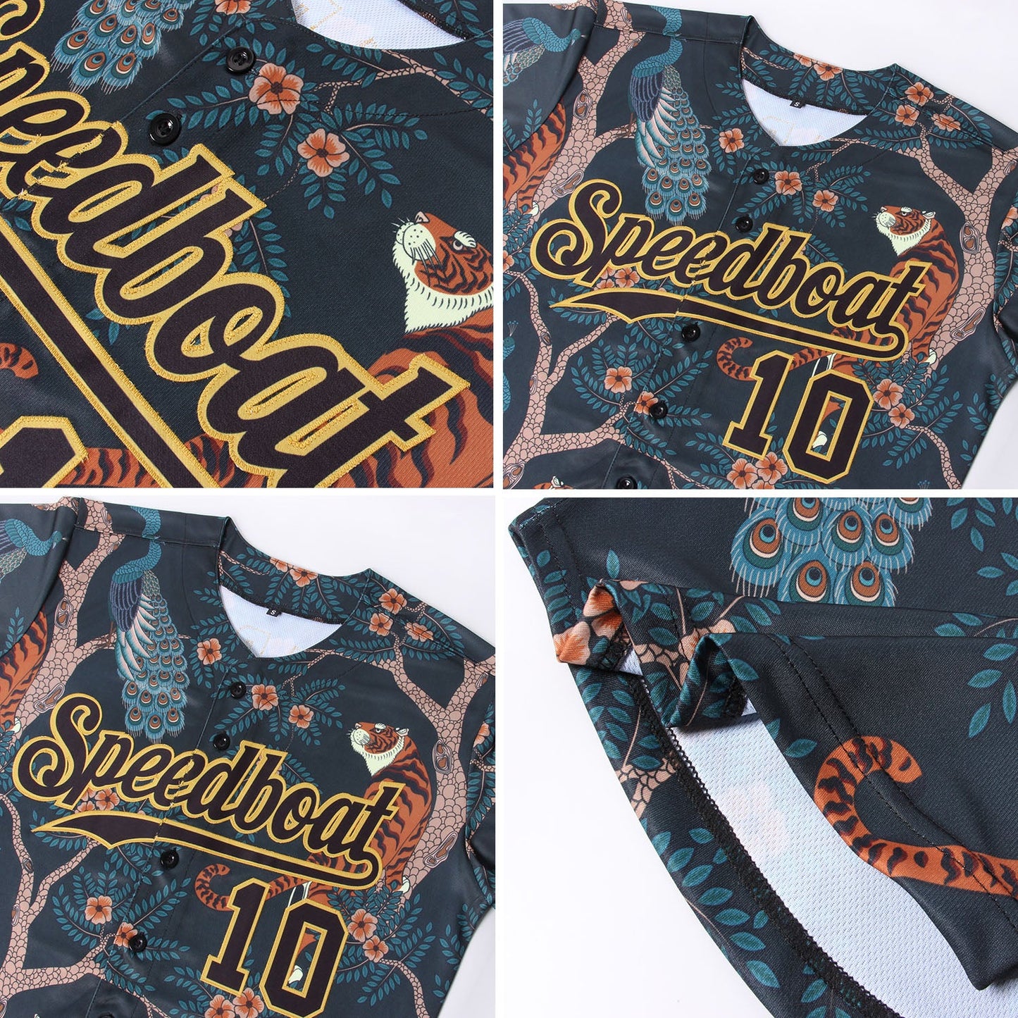 Custom Black Black-Old Gold 3D Pattern Design Tiger And Peacock Authentic Baseball Jersey - Sky-Custom