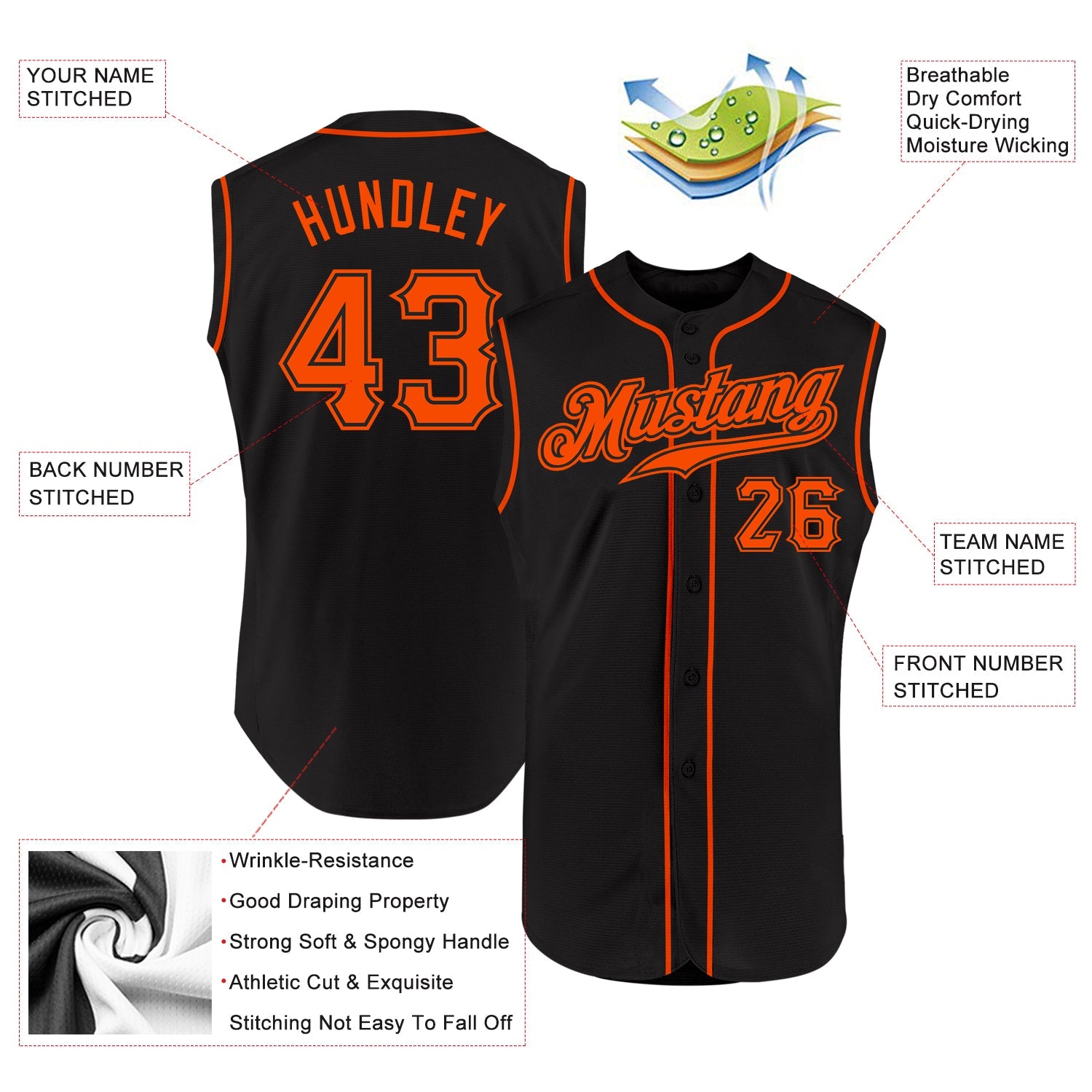Custom Black Orange Authentic Sleeveless Baseball Jersey - Sky-Custom