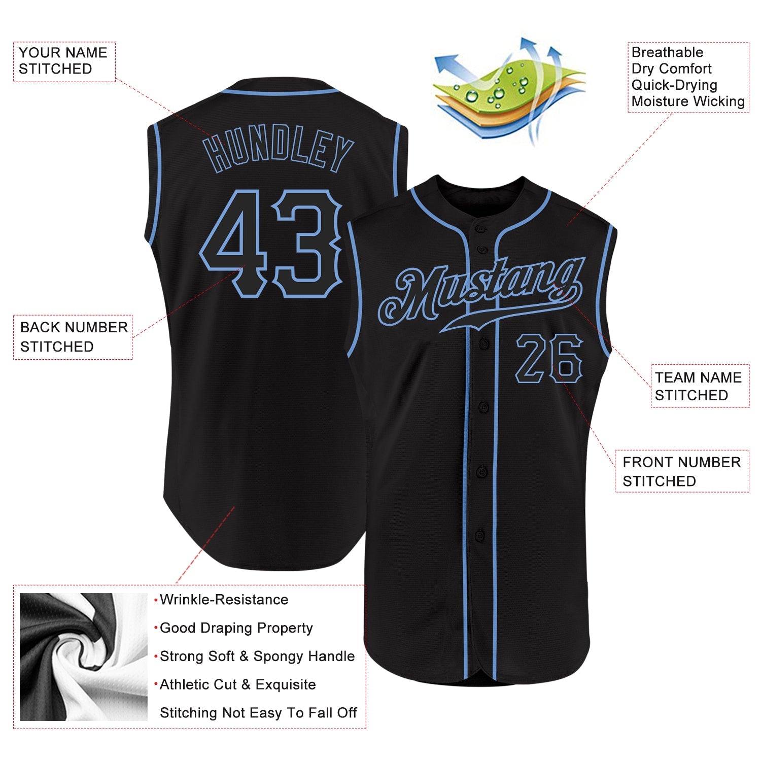 Custom Black Black-Light Blue Authentic Sleeveless Baseball Jersey - Sky-Custom