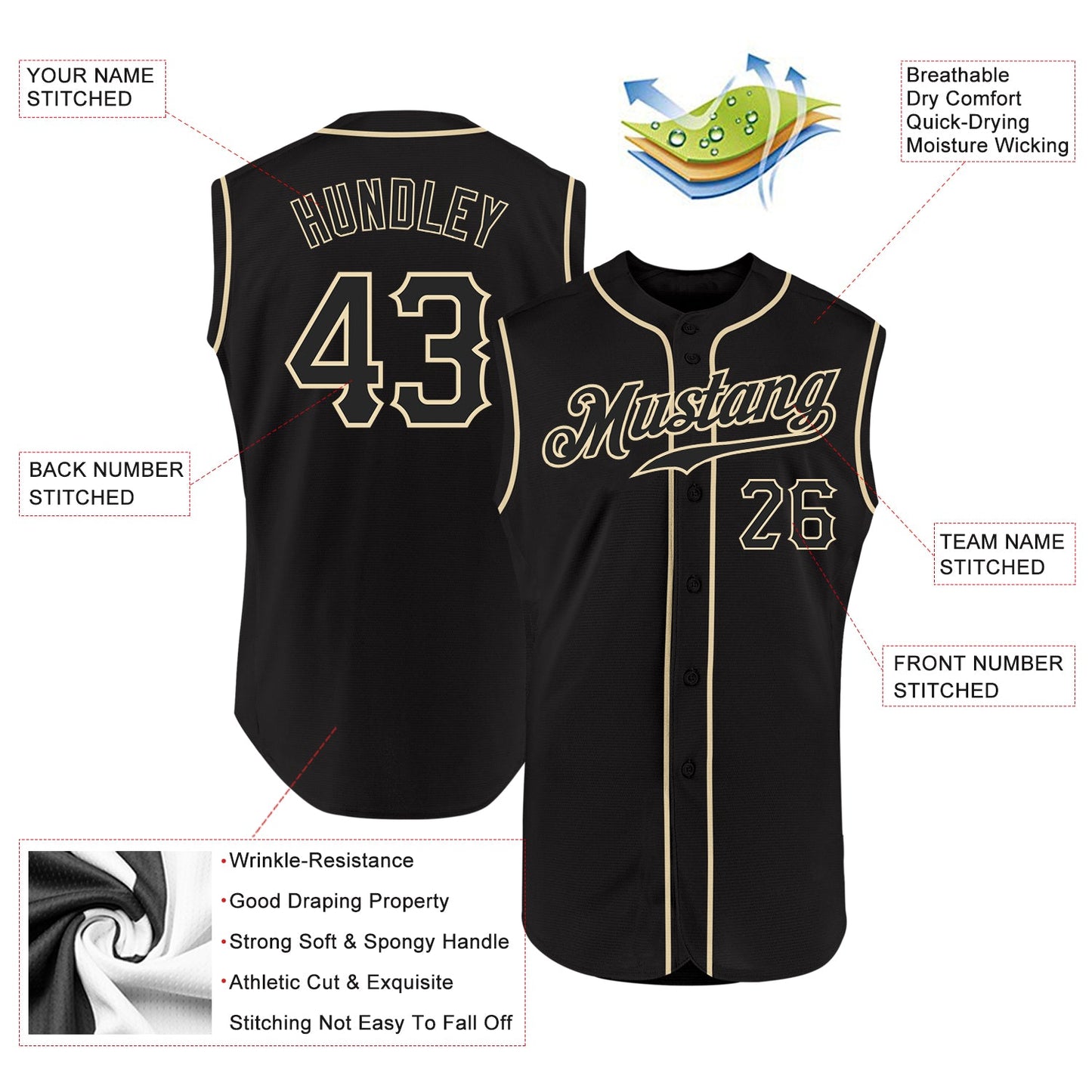 Custom Black Black-Cream Authentic Sleeveless Baseball Jersey - Sky-Custom