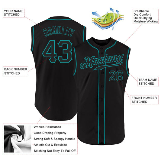Custom Black Black-Teal Authentic Sleeveless Baseball Jersey - Sky-Custom