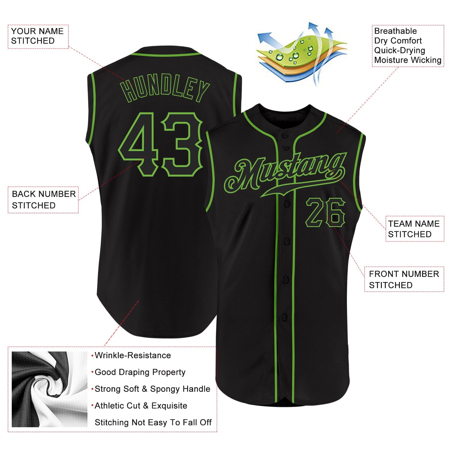 Custom Black Black-Neon Green Authentic Sleeveless Baseball Jersey - Sky-Custom