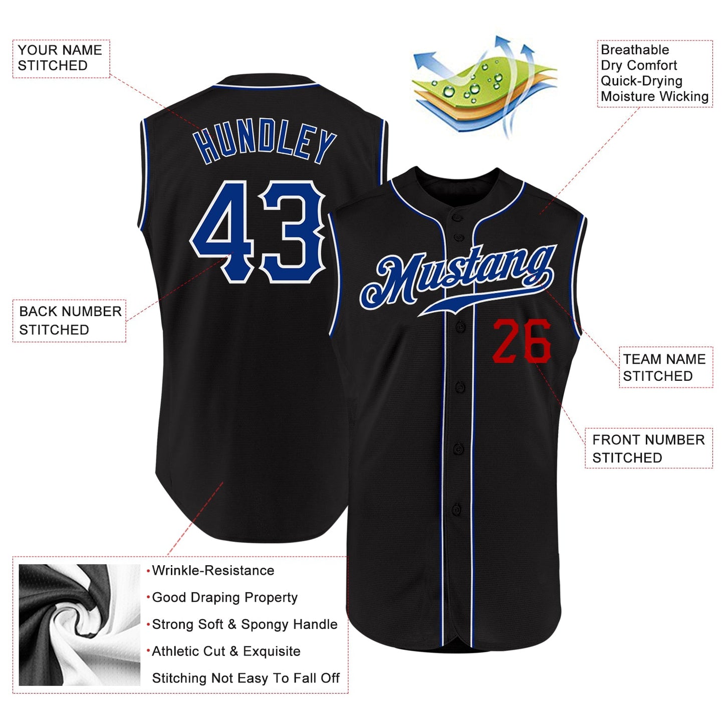 Custom Black Royal-Red Authentic Sleeveless Baseball Jersey - Sky-Custom