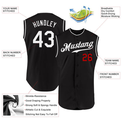 Custom Black White-Red Authentic Sleeveless Baseball Jersey - Sky-Custom