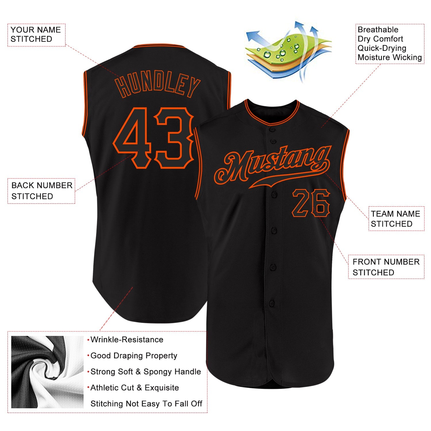 Custom Black Black-Orange Authentic Sleeveless Baseball Jersey - Sky-Custom