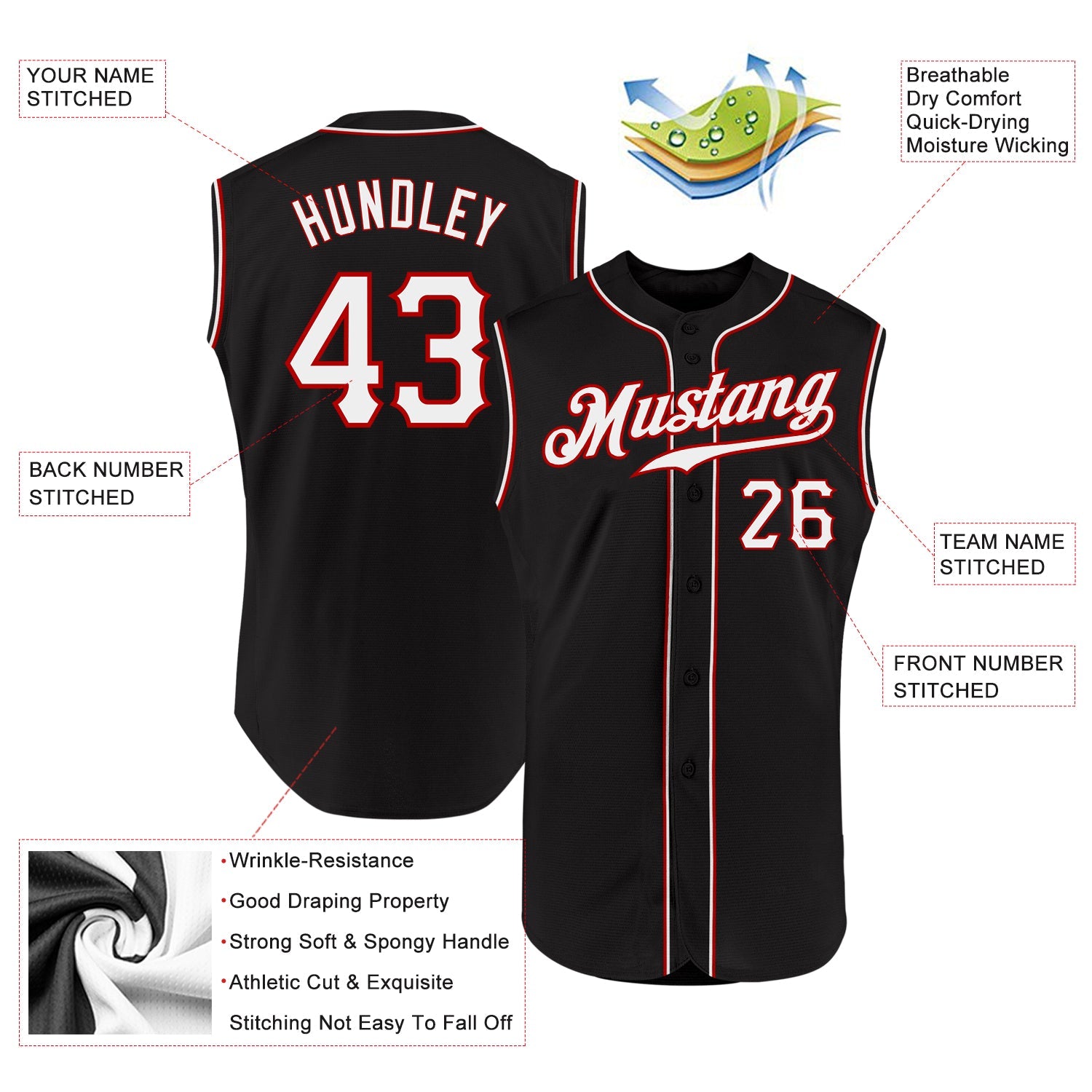 Custom Black White-Red Authentic Sleeveless Baseball Jersey - Sky-Custom