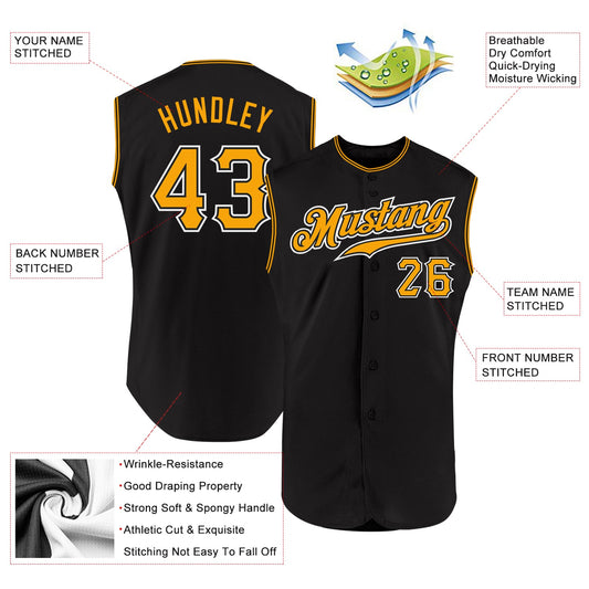 Custom Black Gold-White Authentic Sleeveless Baseball Jersey - Sky-Custom