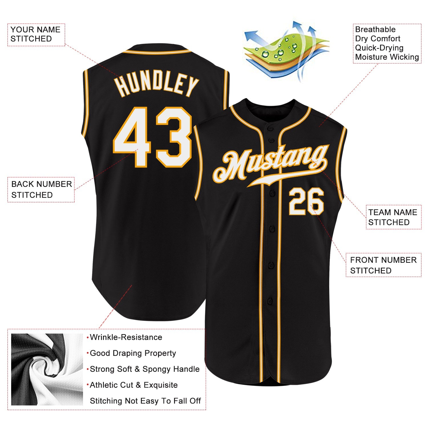 Custom Black White-Gold Authentic Sleeveless Baseball Jersey - Sky-Custom