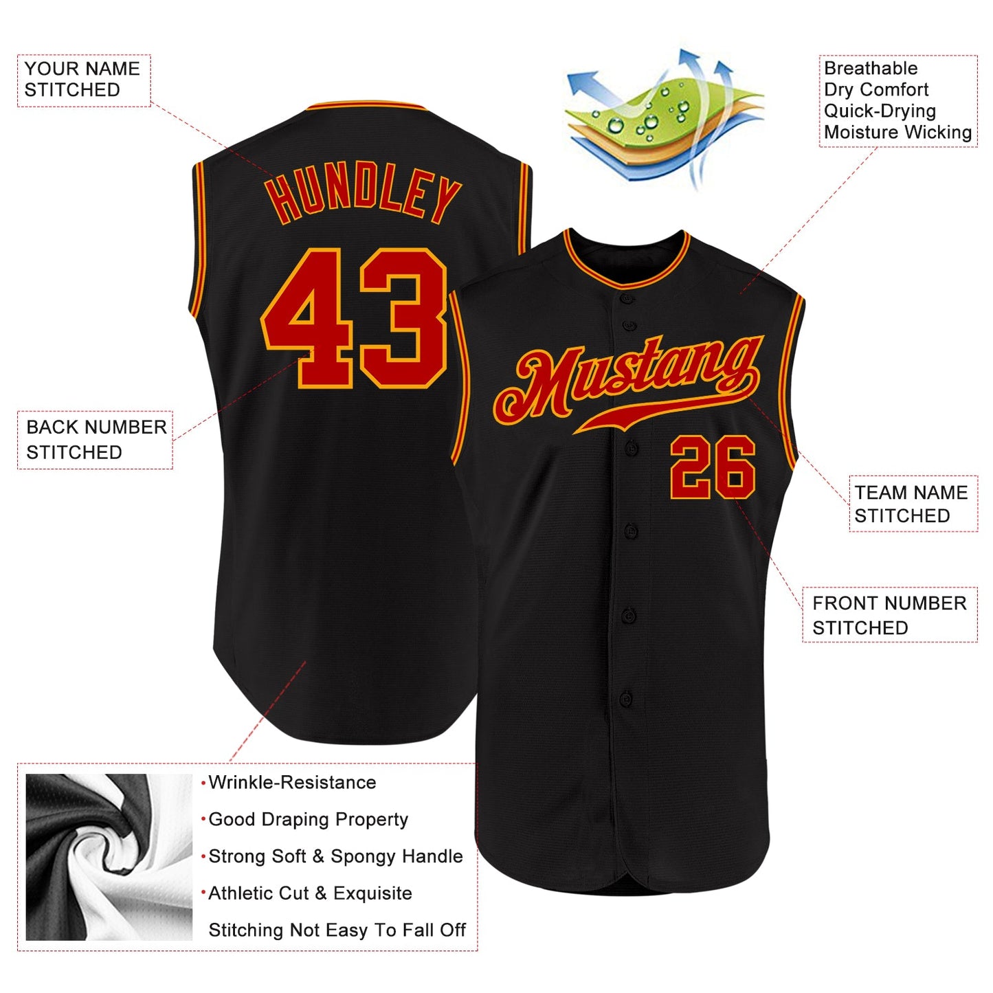 Custom Black Red-Gold Authentic Sleeveless Baseball Jersey - Sky-Custom