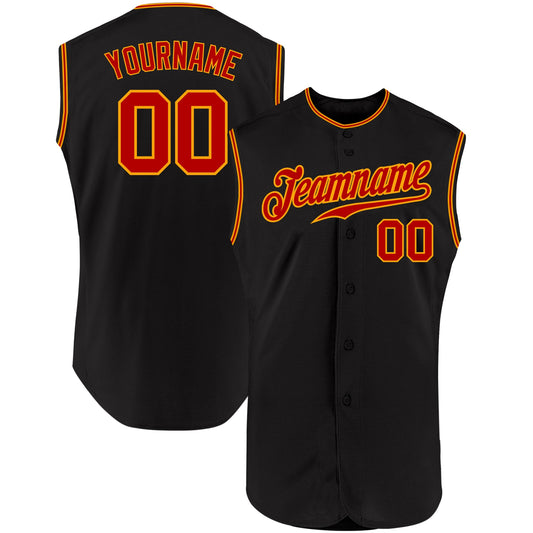 Custom Black Red-Gold Authentic Sleeveless Baseball Jersey - Sky-Custom