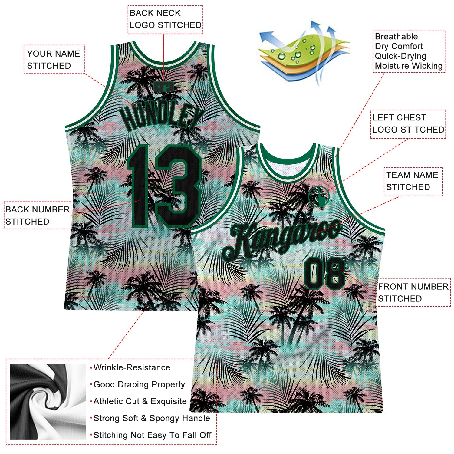 Custom Black Black-Kelly Green 3D Pattern Tropical Hawaii Palm Leaves Authentic Basketball Jersey - Sky-Custom