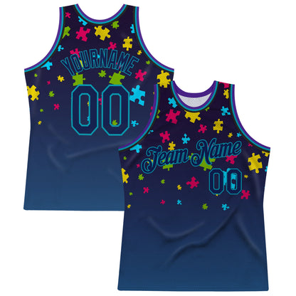 Custom Black Navy-Teal 3D Pattern Design Autism Awareness Puzzle Pieces Authentic Basketball Jersey - Sky-Custom