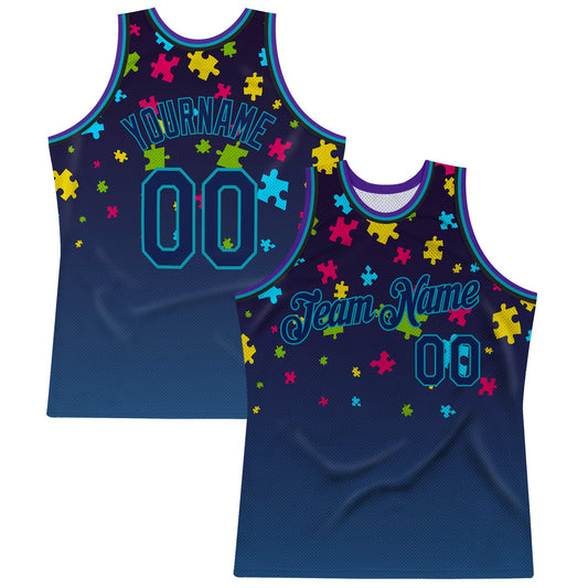 Custom Black Navy-Teal 3D Pattern Design Autism Awareness Puzzle Pieces Authentic Basketball Jersey - Sky-Custom